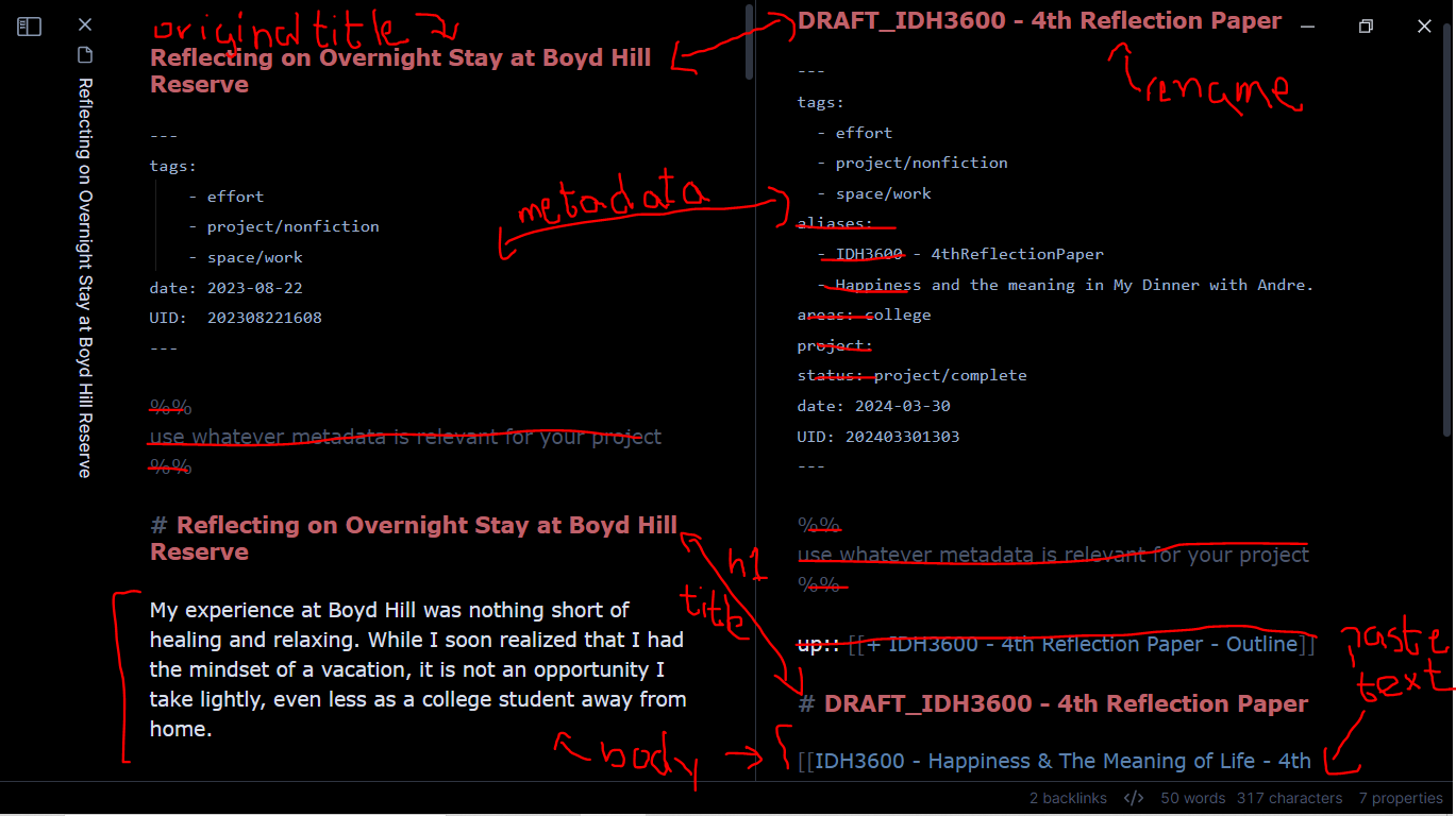 screenshot with a two-page view of a pre-cleanup file and post-cleanup file with notes on how each section of the file moved